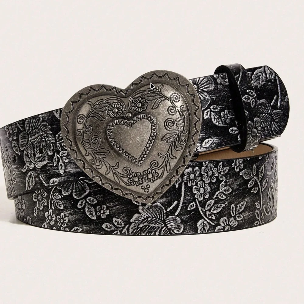Western Floral Embossed Heart Statement Buckle Vegan Leather Wide Belt